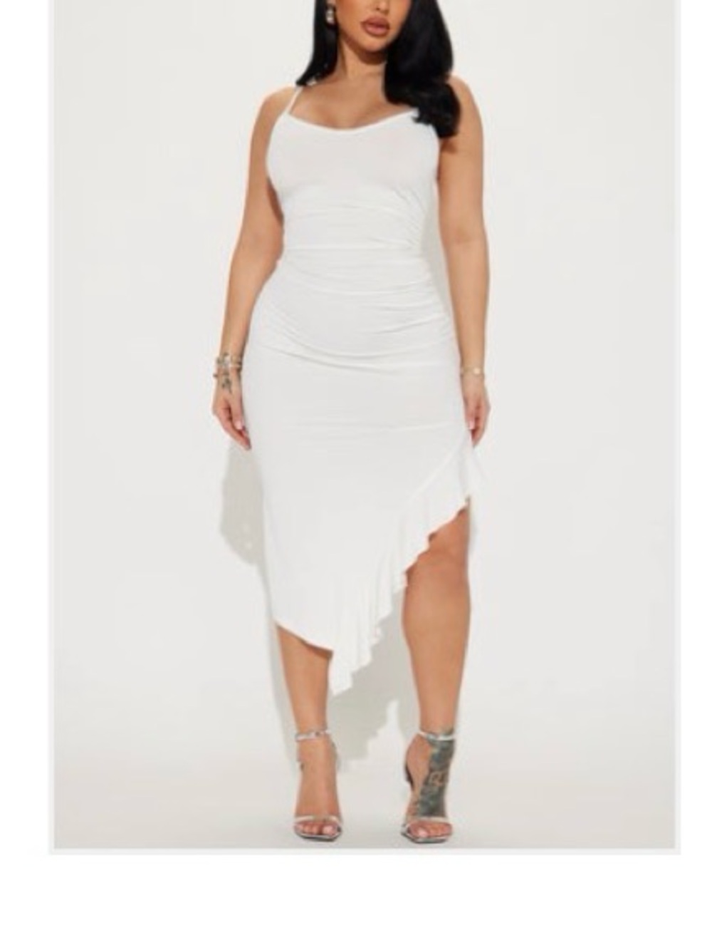 White Asymmetrical Ruffle Midi Dress - oWomen